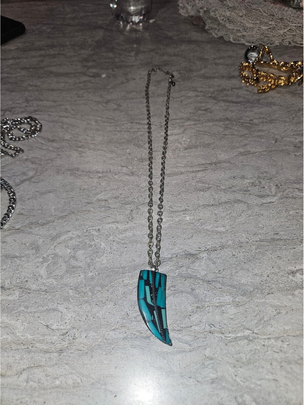 Turquoise Inlay Pendant Necklace with Silver Chain